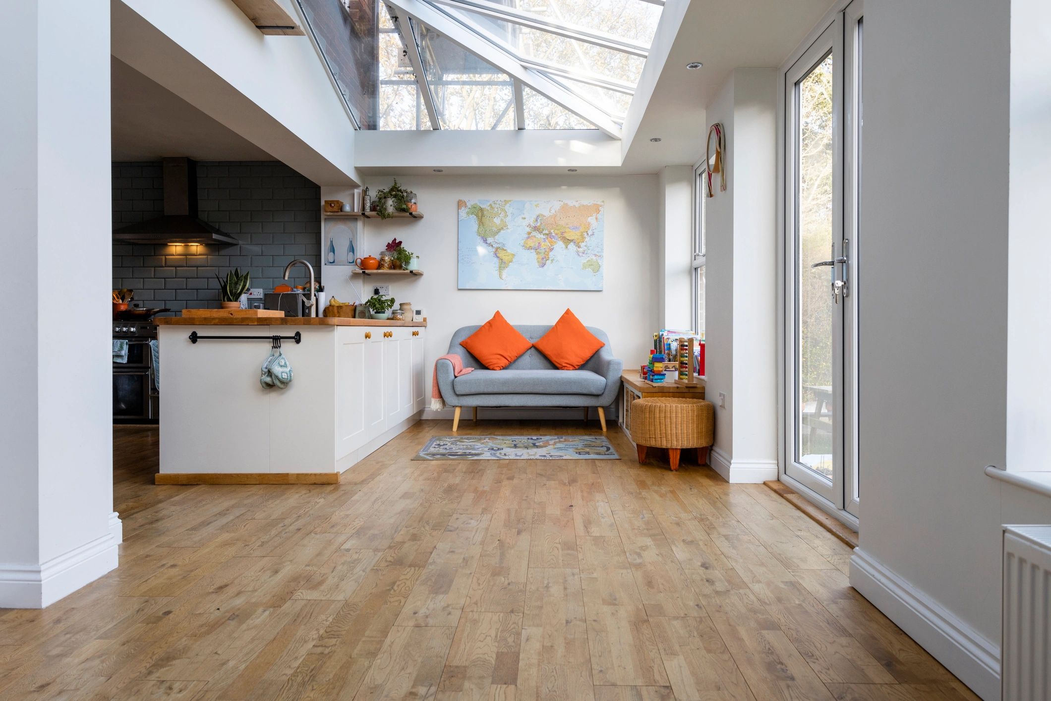 Modern lounge-style interior with comfortable seating and warm tones